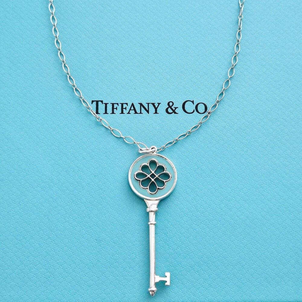 🧧SOLD🎋Tiffany & Co. Blue Enamel Knot Key Pendant Silver Oval Link Necklace 30” - Picture 1 of 9